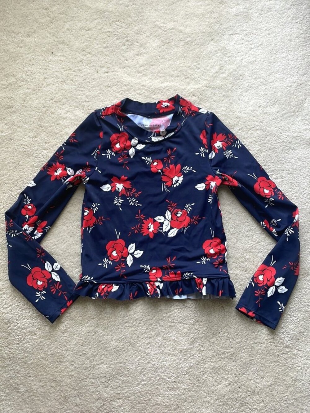Janie and Jack Floral Swim Rash Guard Long Sleeve Blue Red White Girls Size 6